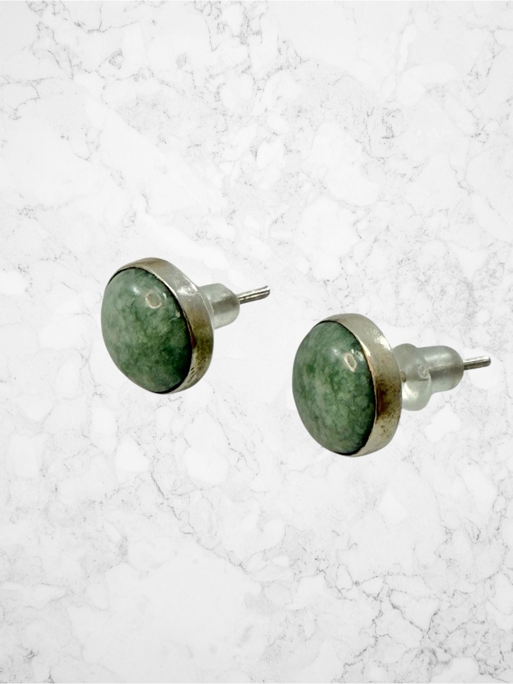 Vintage Sterling Silver 925 Green Aventurine Round Stud Earrings 9mm Cabochon